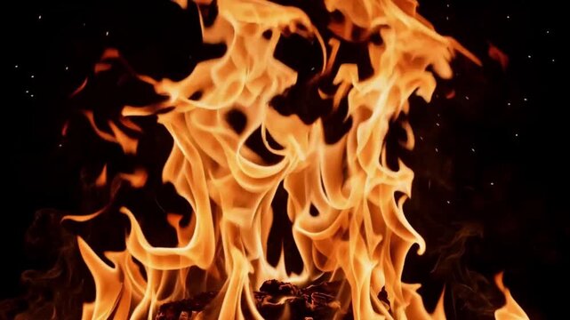 Intense orange fire burning with bright sparks and ashes exploding on a black background, slow motion closeup