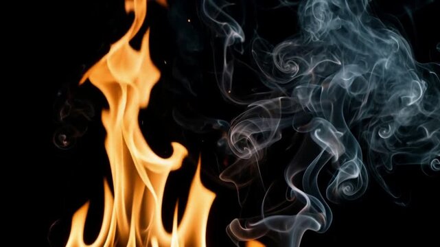 Dramatic contrast of bright orange fire flames and white smoke swirling on a black background, slow motion closeup