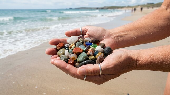 Person Hands Holding Collection of Smooth Colorful Pebbles and Sea Stones on Sunny Sand Beach hands holding pebbles beach stones colorful stones sandy beach coastal summer nature sea glass rocks