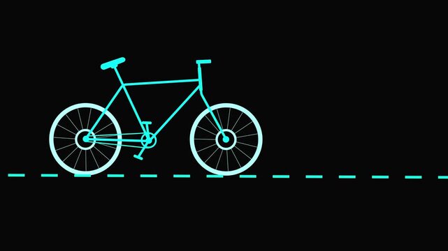 Glowing cyan neon outline of a bicycle moving along a dashed line on a dark background