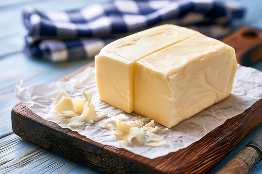 Fresh butter block on a wooden cutting board with parchment paper and a blue checkered napkin