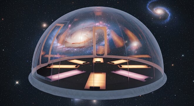 Futuristic space station base with glowing lights floating in dark galaxy under a glass dome cover
