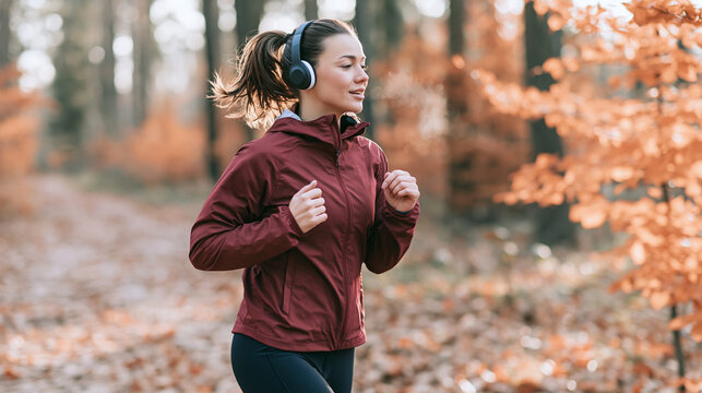 Woman running outdoors in autumn forest, wearing headphones and sport jacket, exhaling breath in cold weather