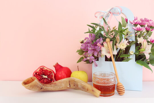 Rosh hashanah (jewish New Year holiday) concept. Traditional symbols