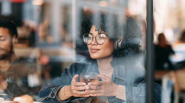 Young woman enjoying music with headphones and a drink in a cafe, looking through the window at urban street reflections