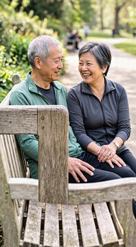 Smiling older Chinese couple sitting on a wooden bench in a park. Happy senior man and woman laughing together outdoors. Vertical photo