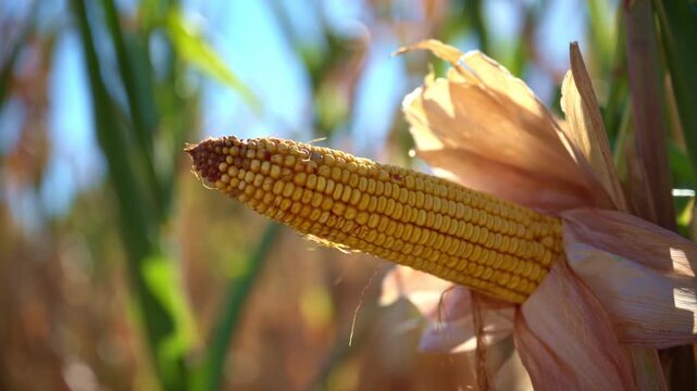 Fully mature yellow corn ear on dry husks in sunlit field. Concept of agricultural harvest season, cereal grain production, farming yield and rural agribusiness. 4K.