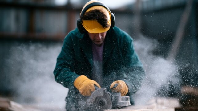 Worker using circular saw in a workshop