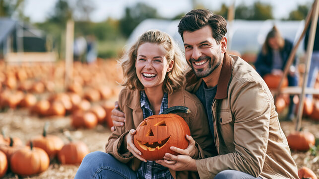Happy couple enjoying halloween festivities, laughing and holding a carved pumpkin at a vibrant pumpkin patch