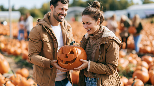Happy couple enjoying autumn pumpkin patch date, holding carved jack o' lantern, celebrating halloween tradition