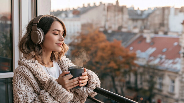 Young woman enjoying warm coffee and music on balcony, relaxing during autumn in a cozy city setting