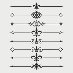 Collection of artistic page dividers and flourishes with fleur de lis and diamond shapes, sophisticated graphic elements for creative projects and layouts. © cu