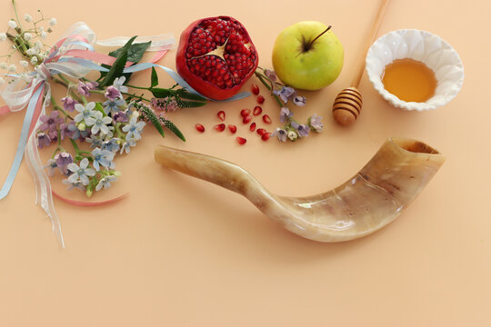 Rosh hashanah (jewish New Year holiday) concept. Traditional symbols