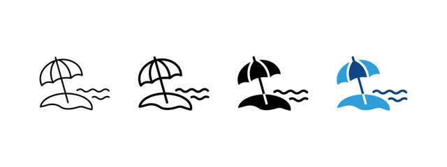 Fototapeta premium Beach umbrella icon. Summer vacation and seaside sign. Coastal relaxation and tourism symbol. Thin beach pictogram. Blue summer destination illustration for travel and holidays.