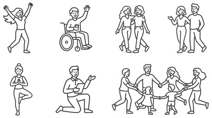 Obraz premium diverse people vector line art illustrating inclusivity happiness and social lifestyle through various everyday interactions and activities.