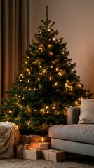 Naklejka premium Decorated Christmas tree in cozy living room setting