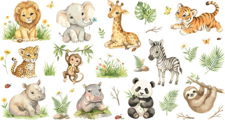 Naklejka premium Watercolor Safari Animals Clipart Vector Set with Cute Baby Lion Elephant Giraffe Tiger Zebra Panda Sloth and Tropical Jungle Leaves for Kids Birthday Invitations and Nursery Wall Art Designs
