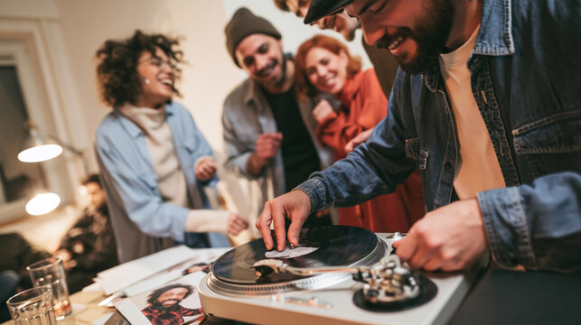 Friends enjoying a house party, a man playing music on a turntable, creating a fun and social gathering