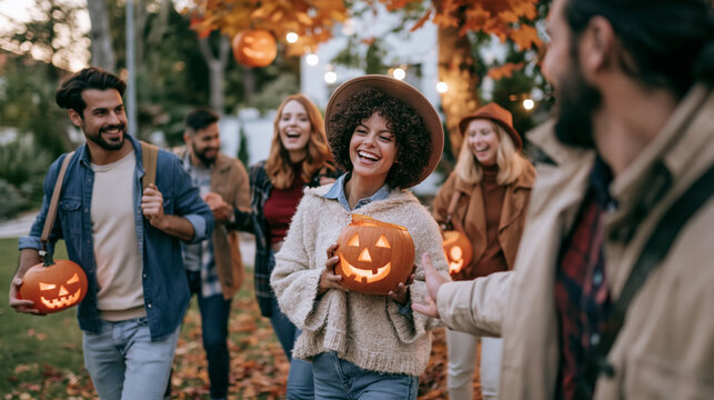 Group of diverse young adult friends walking and laughing outdoors, celebrating halloween with carved glowing jack o' lanterns