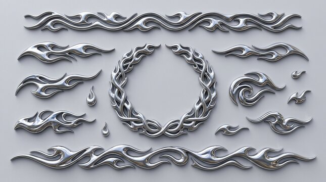 The image showcases a striking collection of ornamental chrome elements, rendered with a highly polished, mirror-like finish that makes them appear like cast metal on a neutral light grey surface. The