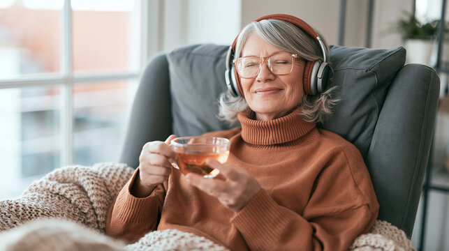 Senior woman relaxing in armchair, listening to music with headphones, enjoying hot tea, finding comfort at home