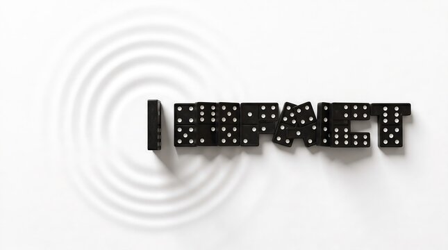 Black dominoes spelling the word impact with a ripple effect
