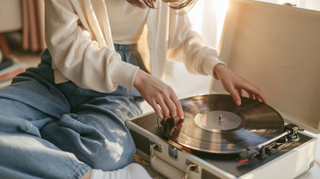 Woman placing vinyl record on a portable player, enjoying analog music and vintage sounds at home