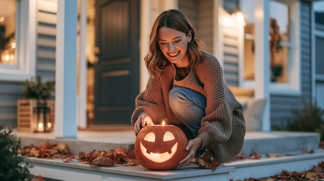 Young woman placing a glowing jack o' lantern on a porch step, celebrating halloween with autumn decoration