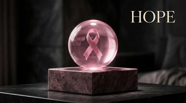 A glowing pink crystal ball with a ribbon symbol representing breast cancer awareness month october for health and hope