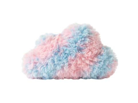 Fluffy pink and blue cloud shaped plush pillow isolated on transparent background