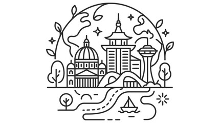 Obraz premium global landmarks city skylines travel illustration line art showcases iconic world destinations and nature perfect for global tourism designs.