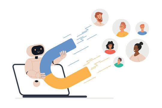Robot holding a large magnet emerging from a laptop, attracting diverse people icons, representing artificial intelligence lead generation and digital marketing vector illustration