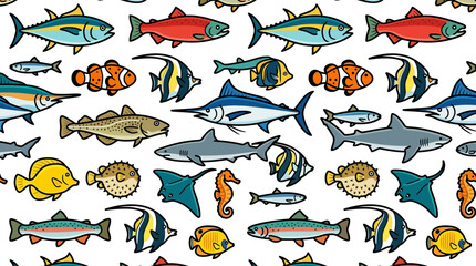 Obraz premium a seamless pattern of diverse colorful cartoon fish species swimming