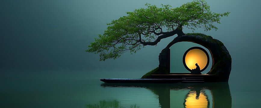 Artistic silhouette of bonsai tree and circular gate on water.