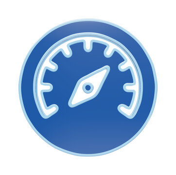 Blue speedometer icon with needle, round gauge symbol for performance and speed, circular dashboard meter for automotive and web interface