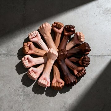 Diverse hands forming a unity fist bump symbolizing teamwork and collaboration highlighting unity, teamwork, and collaboration in a contemporary visual concept for creative and commercial use siyam