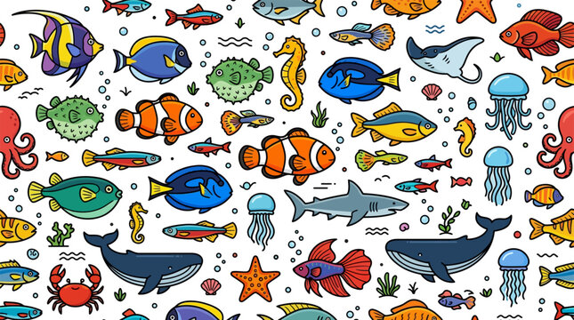 colorful cartoon ocean life seamless pattern with fish starfish jellyfish and whale