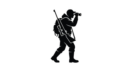 Fototapeta premium Hunter with rifle and backpack black silhouette hunting marksman sniper