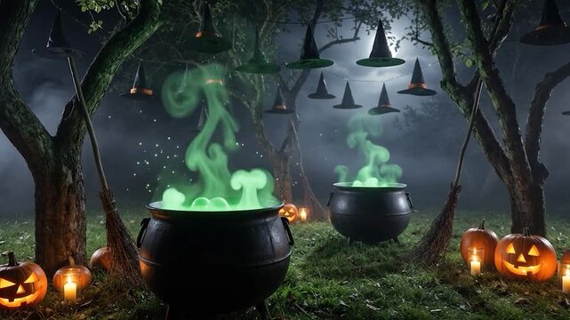 Dark magical forest scene with glowing cauldrons and carved pumpkins