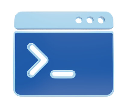 Terminal command line interface icon, blue 3D software window for coding. Programming console and developer shell prompt for web design.