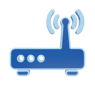 Blue wireless router icon with signal waves, 3D internet modem symbol, network hardware for home office connectivity
