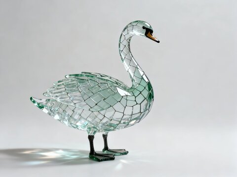 Crystal glass swan sculpture with intricate mosaic pattern and reflective surface