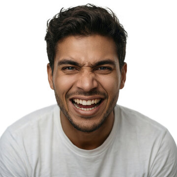 Portrait man expression isolated 26 year old multiracial male wearing white tee displaying an exaggerated facial reaction on transparent background