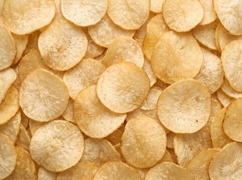 Cassava chips texture background for snack packaging and food branding, crispy golden pattern