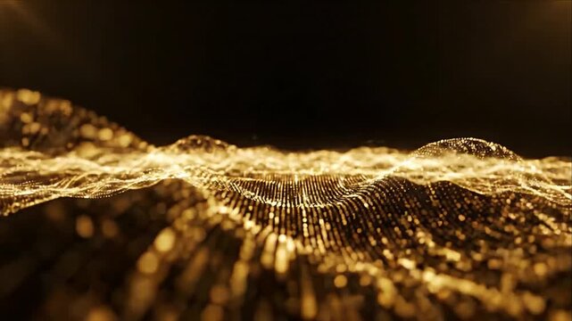 Abstract golden particle wave background with glowing points forming flowing digital landscape and luminous horizon in dark space with futuristic depth and radiant light motion