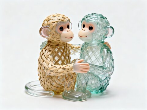 Two decorative monkey figurines, one woven from straw and the other made of translucent glass, sitting together in a close pose.
