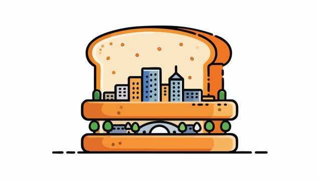 Pixel sandwich containing a miniature city skyline buildings and trees on a white background.