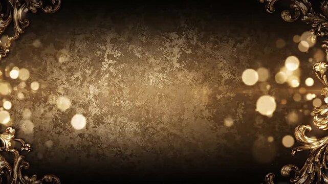 Vintage abstract golden background with ornate antique frame, decorative texture, glowing bokeh light, elegant luxury atmosphere for invitation, celebration, presentation, premium design concepts