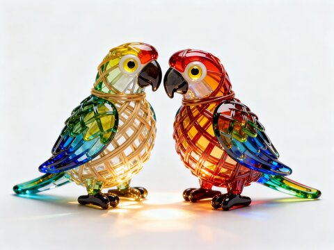 Two colorful glass parrot figurines facing each other on a white background
