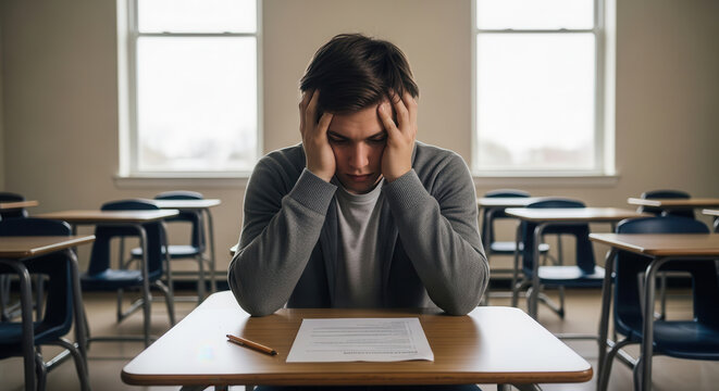 A stressed student sitting alone in a classroom with hands covering his face while looking at a test paper filled with questions, portraying frustration and anxiety during an exam in a dimly lit.